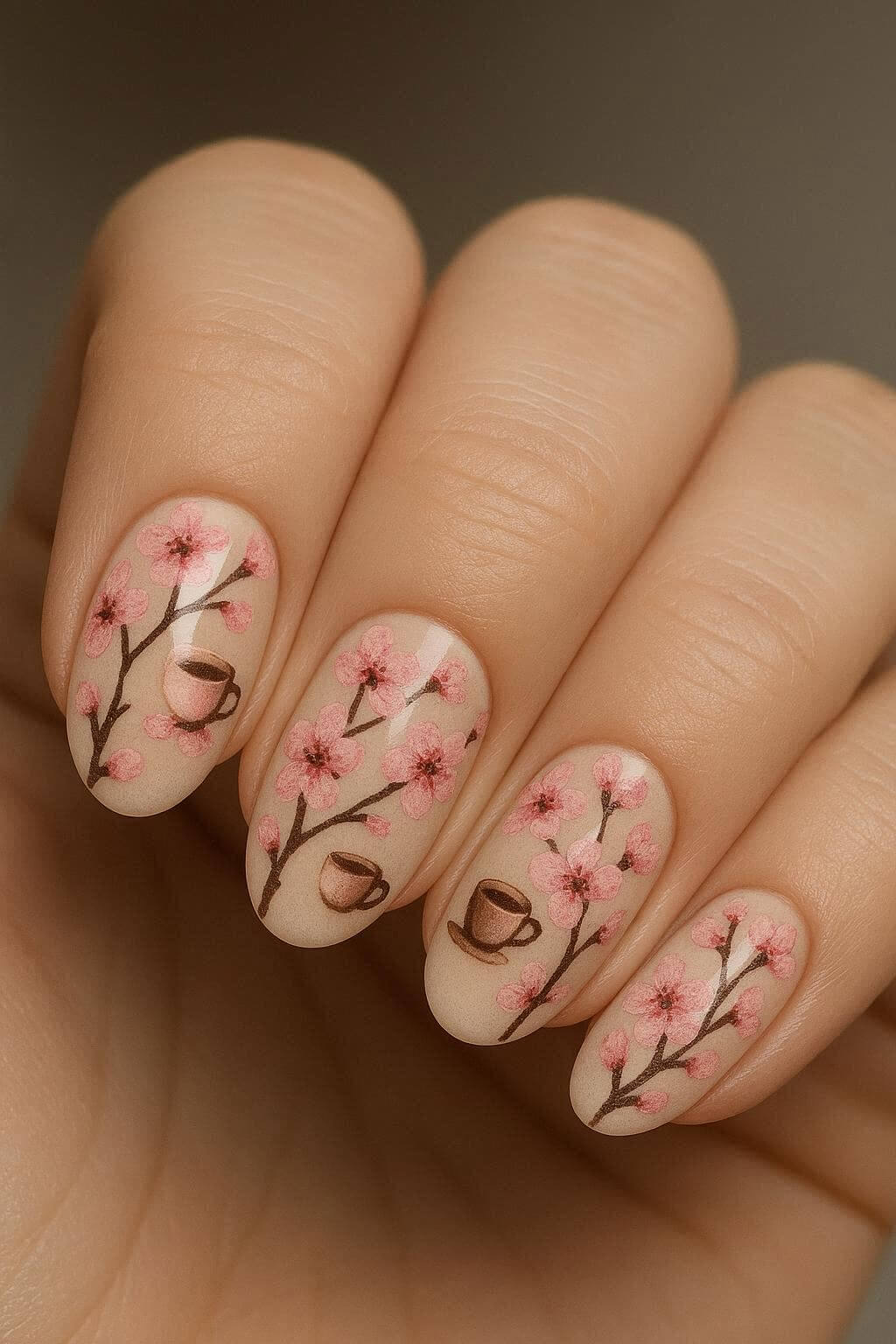 Kávé és cseresznyevirág körmök